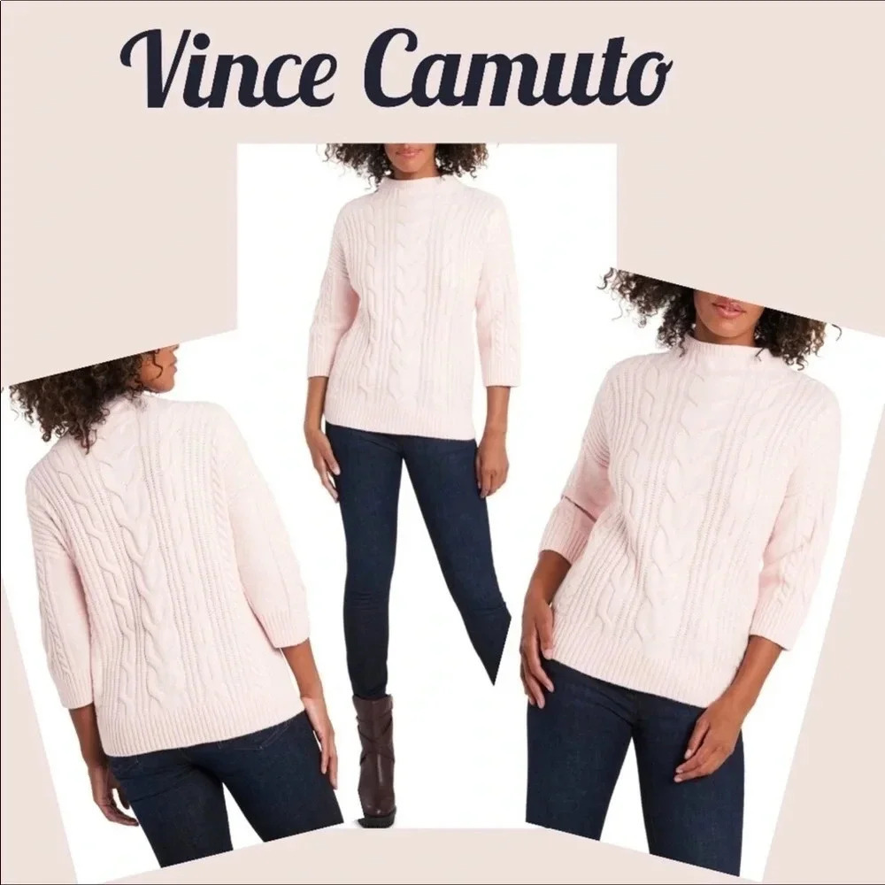 Vince Camuto Cable Stitch Elbow Sleeve Sweater Soft Pink Women’s Size Small NWT